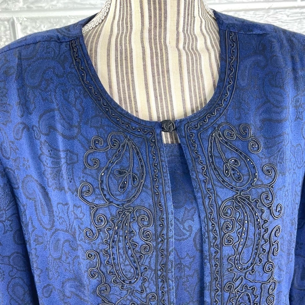 Vtg Sarah Elizabeth Royal Blue & Black Embroidered Beaded Dress Jacket Set Sz 12 - Picture 4 of 9
